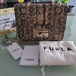 Furla Snake-Embossed Crossbody Bag in Beige and Black with Gold Chain